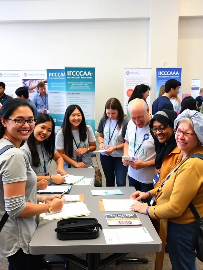 A group of diverse volunteers working together at an ICCAA Network event, smiling and engaged in a meaningful activity, showcasing the spirit of volunteerism.