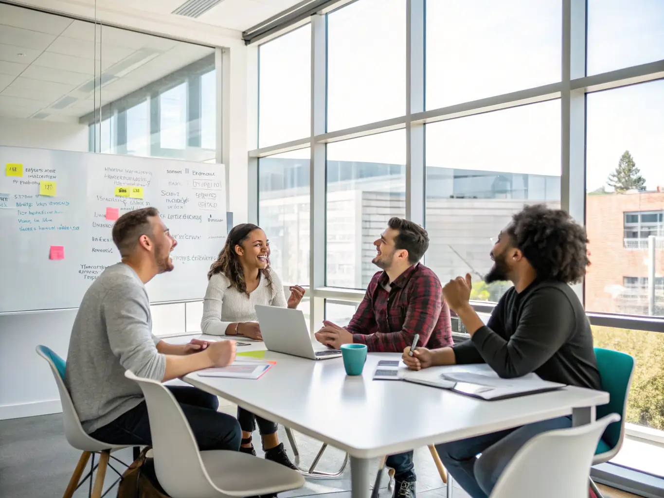 A diverse group of people collaborating around a table, reviewing documents and discussing strategies, representing knowledge sharing and collaborative learning.