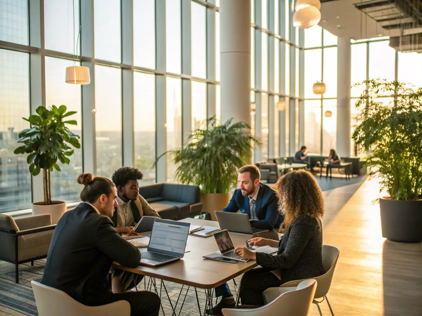 A diverse group of professionals collaborating in a modern office setting, representing the capacity building and professional development aspect of ICCAA Network's certification programs.