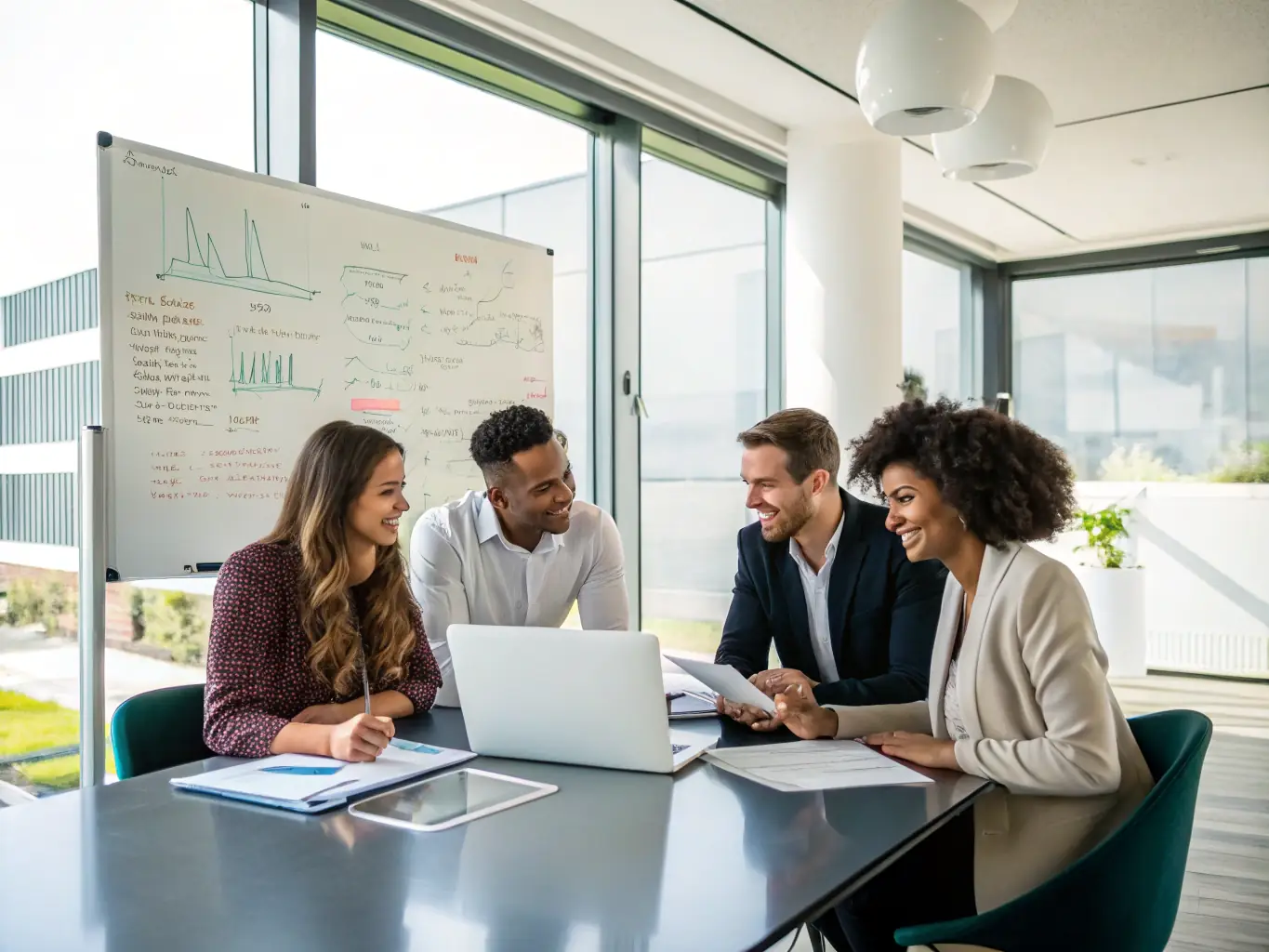 A diverse group of nonprofit professionals collaborating in a modern office, reviewing certification program materials and discussing strategies for community impact.