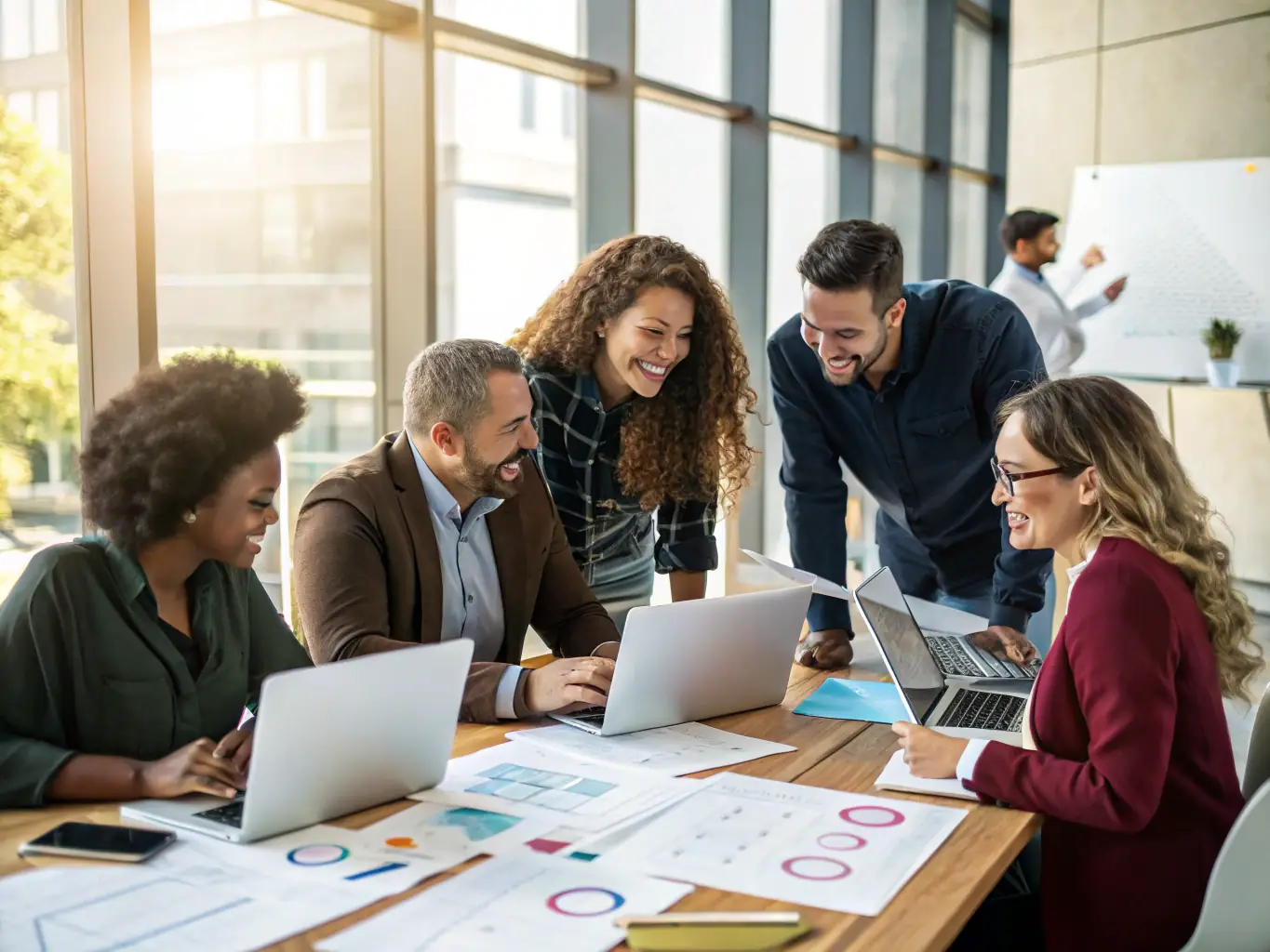 A professional photo of a diverse group of people collaborating around a table, reviewing documents and discussing strategies for a nonprofit organization. The setting is a modern office space with natural light, symbolizing teamwork and strategic planning.