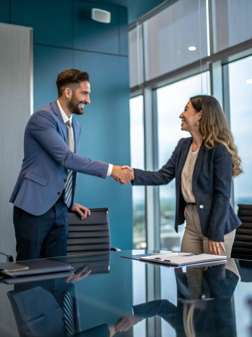 Two professionals shaking hands over a signed partnership agreement, symbolizing a collaboration between ICCAA Network and a partner organization.