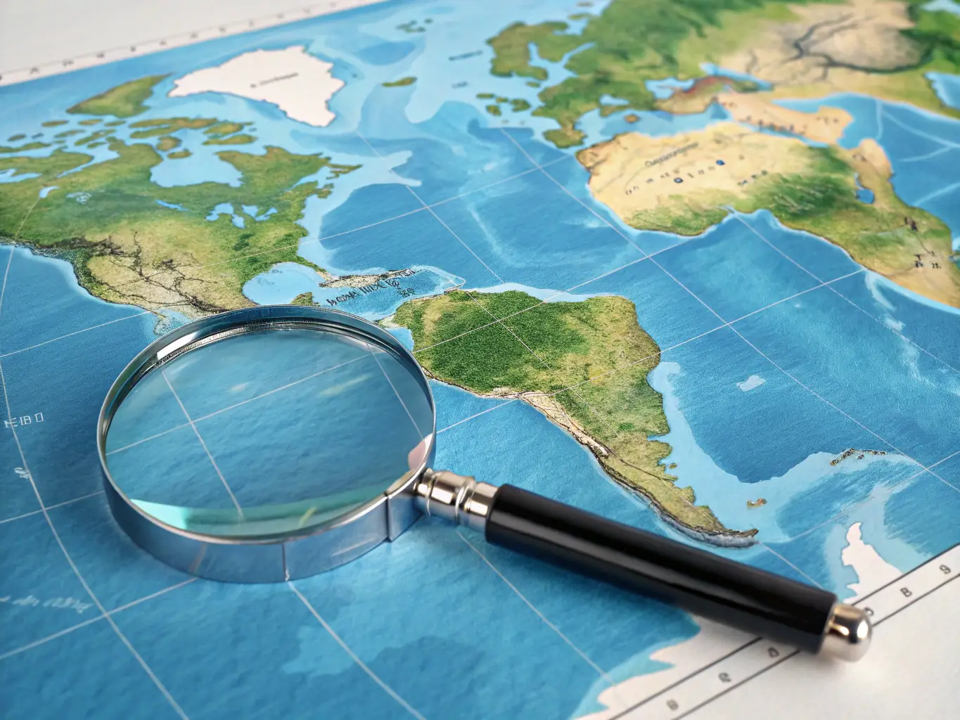 A magnifying glass hovering over a world map, symbolizing global research and insights into international charitable efforts and their impact.